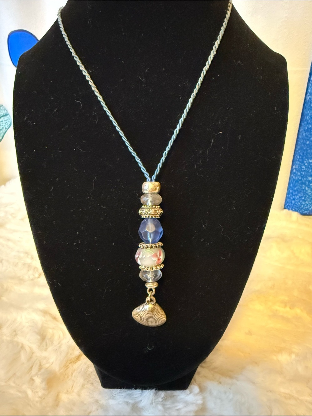 Vintage Lampwork Glass Floral Bead Necklace Blue Cord Shell Charm